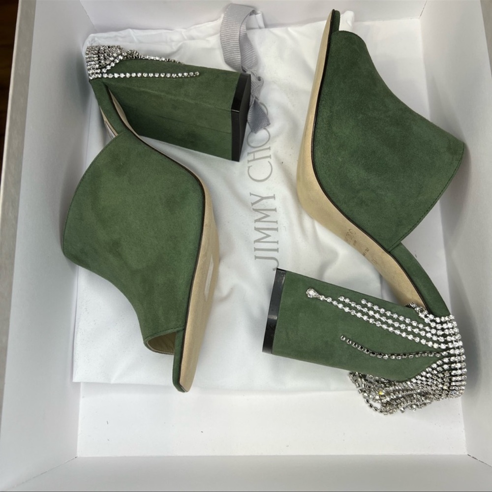 Jimmy Choo Baia 100 mm Crystal Detailed Cactus Suede Mule Sandal Heels - Picture 9 of 10